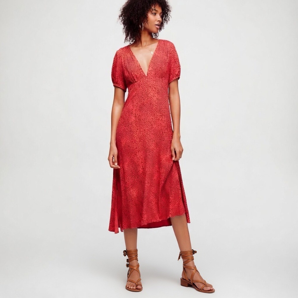 Free People Looking for Love MIDI Dress Flame Combo Red Animal Print 10 OB844637